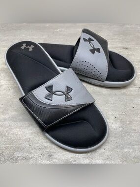 Under Armour Black and Gray Slide Sandals with Logo Strap